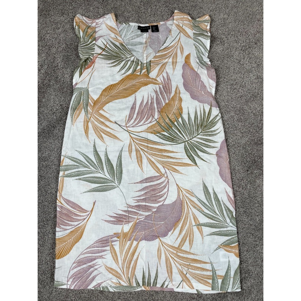 Tahari Dress Womens Small 100% Linen Leaf Tropical Beach Flutter Sheath Boho
